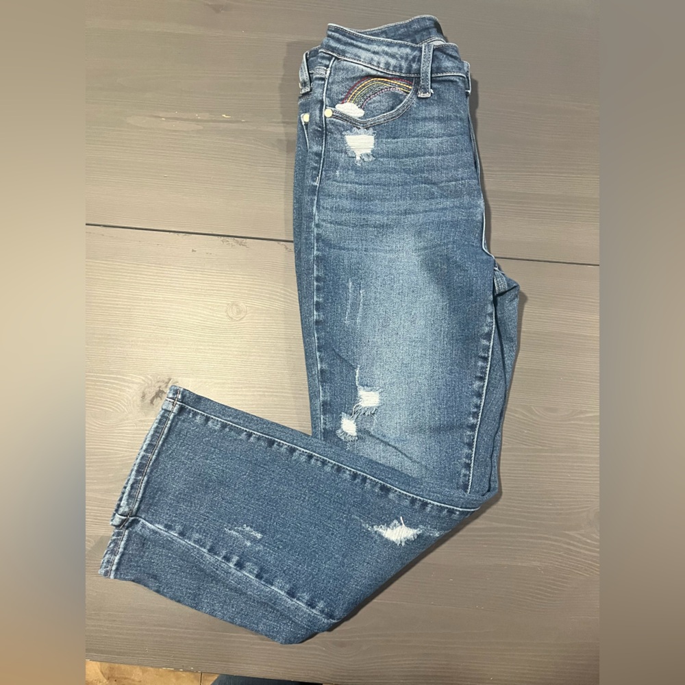 Judy Blue Straight Leg Distressed Blue Jeans with Rainbow Embroidery in Pocket